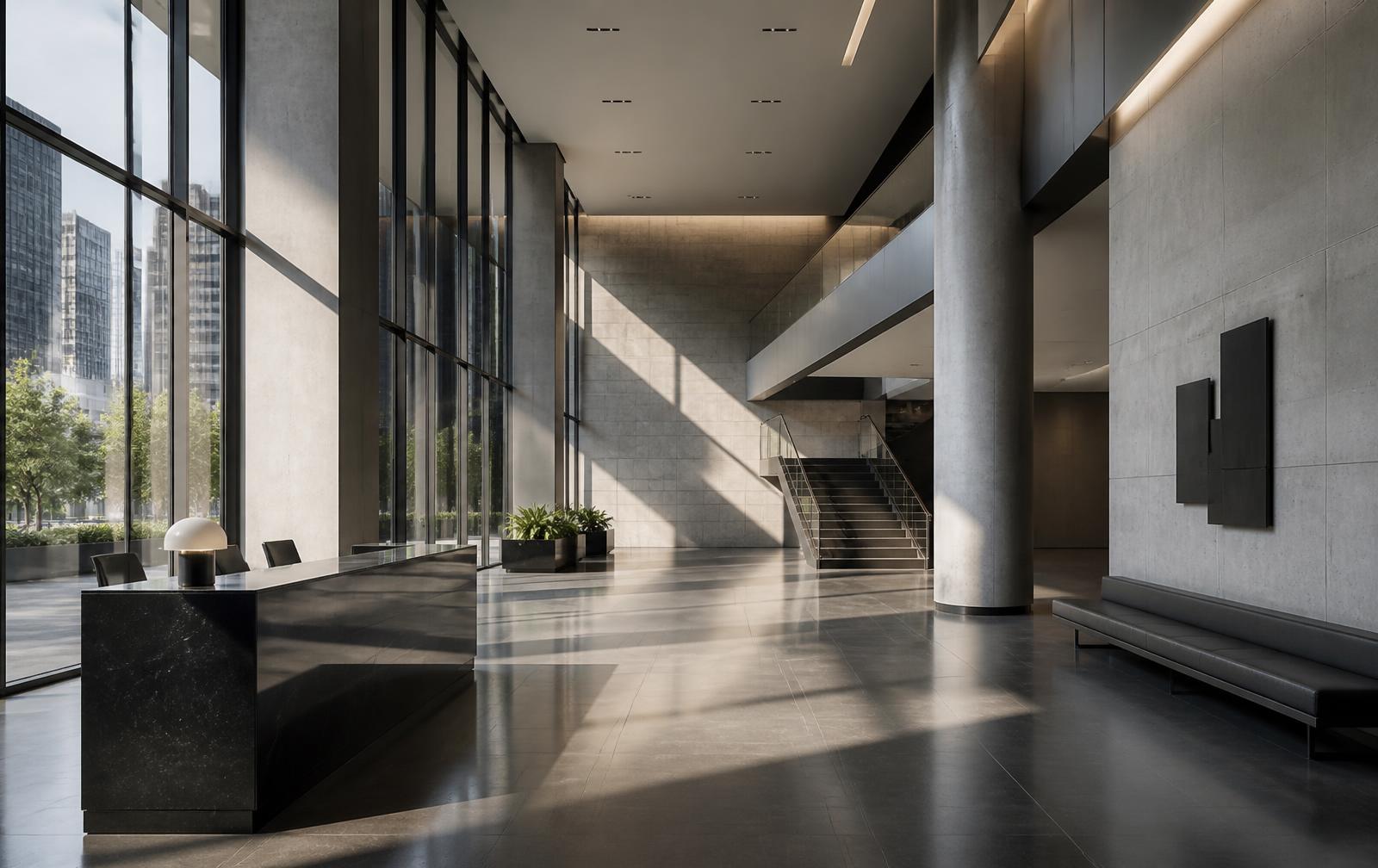 Commercial office lobby with stone floor and dramatic daylight