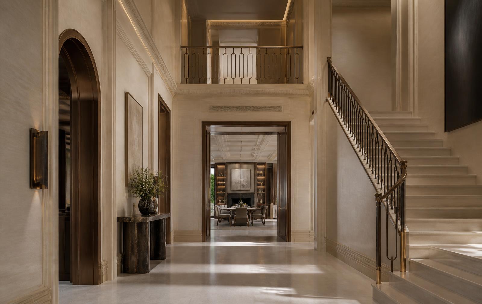 Stone hallway of a super-prime residence with bronze detailing